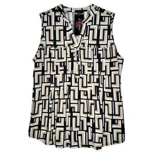 Cocomo Women's Plus Size 3X Black Beige Geo Print Studded Pintuck Sleeveless Top